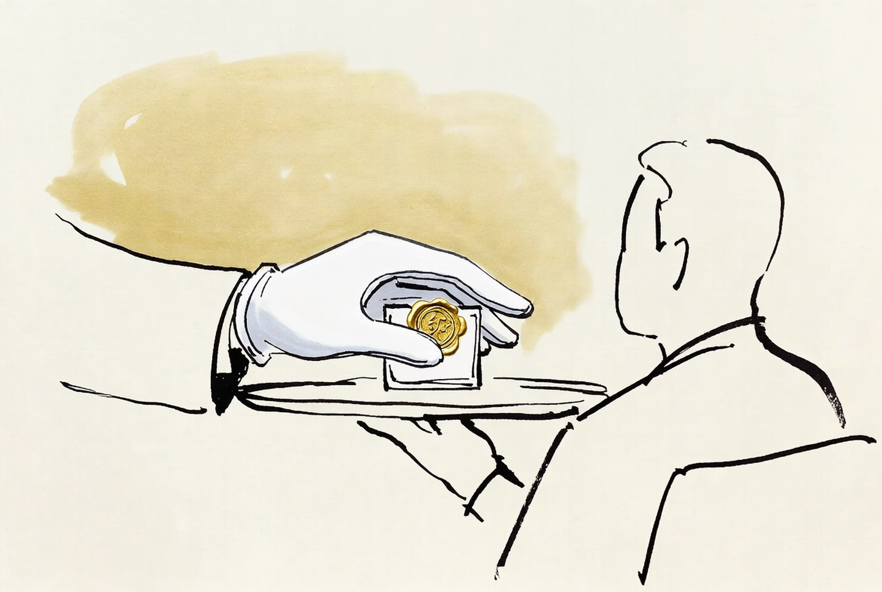 Desenho de linha: mão enluvada apresentando um lacre sobre bandeja a um convidado sentado.