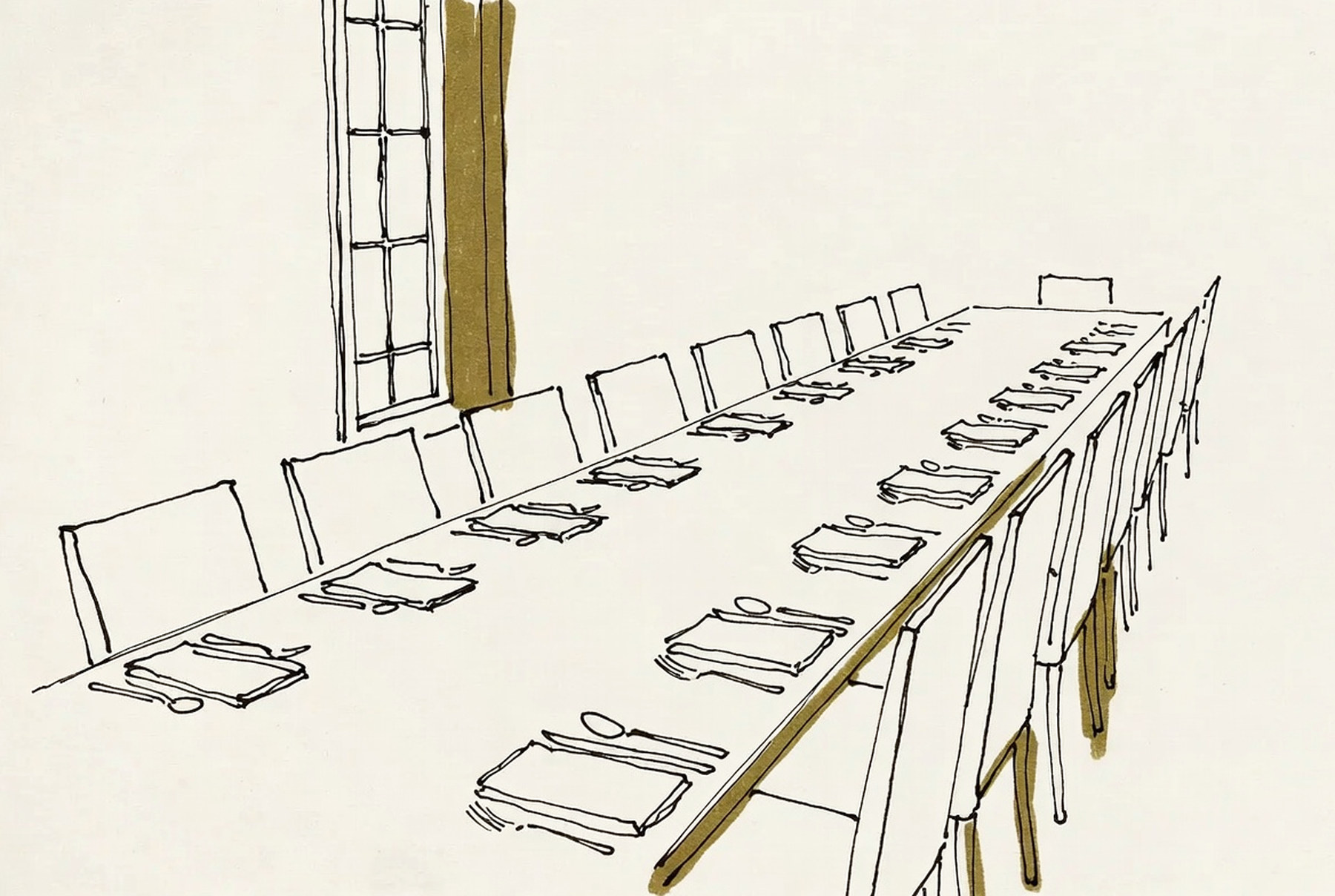 Desenho de linha: mesa longa de reunião preparada, lugares vazios, luz entrando pela janela.