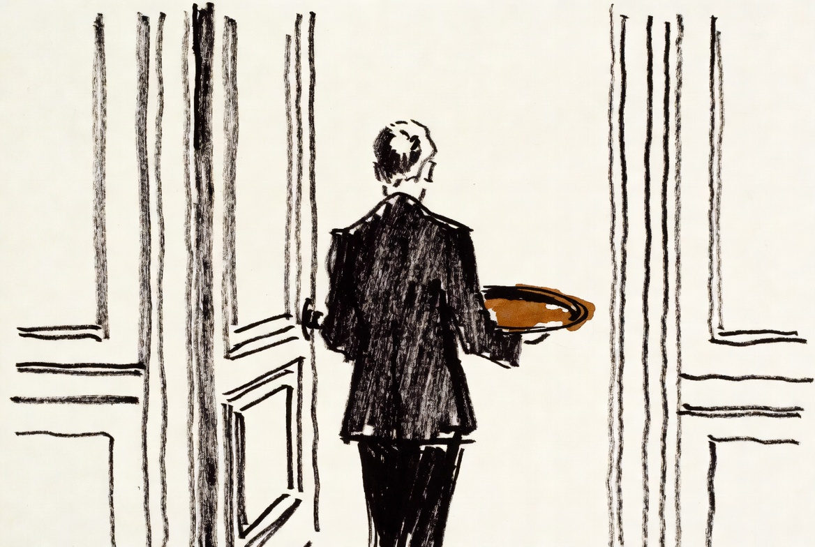 Figura de costas saindo por uma porta alta levando uma bandeja vazia.