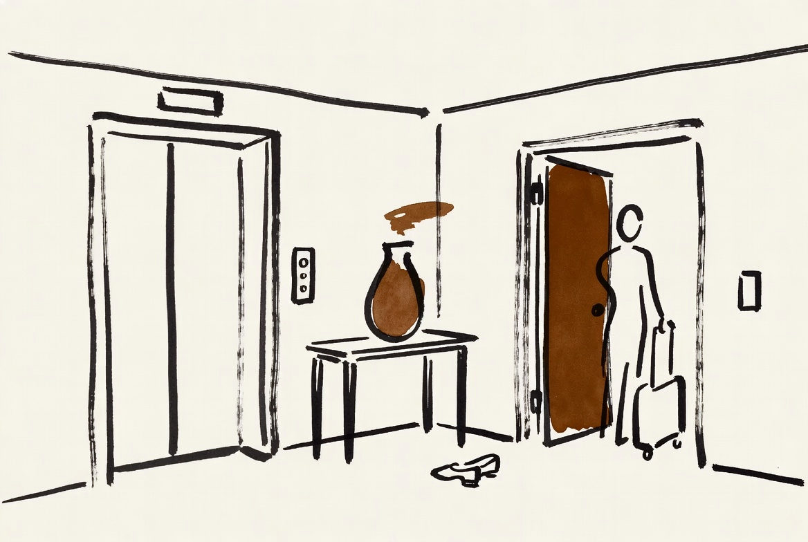 Hall residencial com porta de elevador, aparador com vaso e uma figura de costas esperando com uma mala.