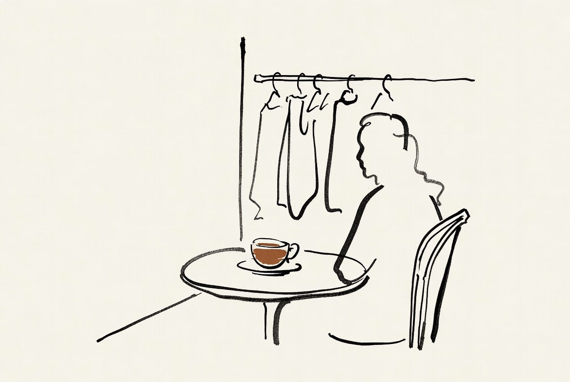 Pessoa sentada de perfil a uma mesa de café dentro de uma loja, sem sacolas, com uma arara insinuada ao fundo.