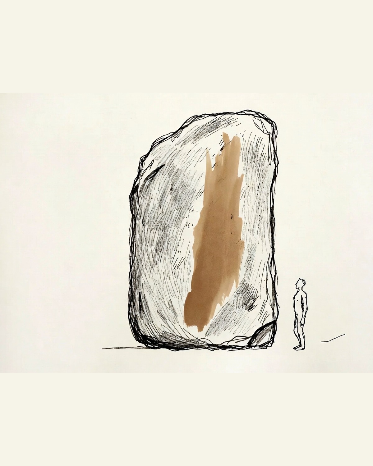 Desenho de linha: um bloco de pedra bruta ao lado de uma figura humana, para escala