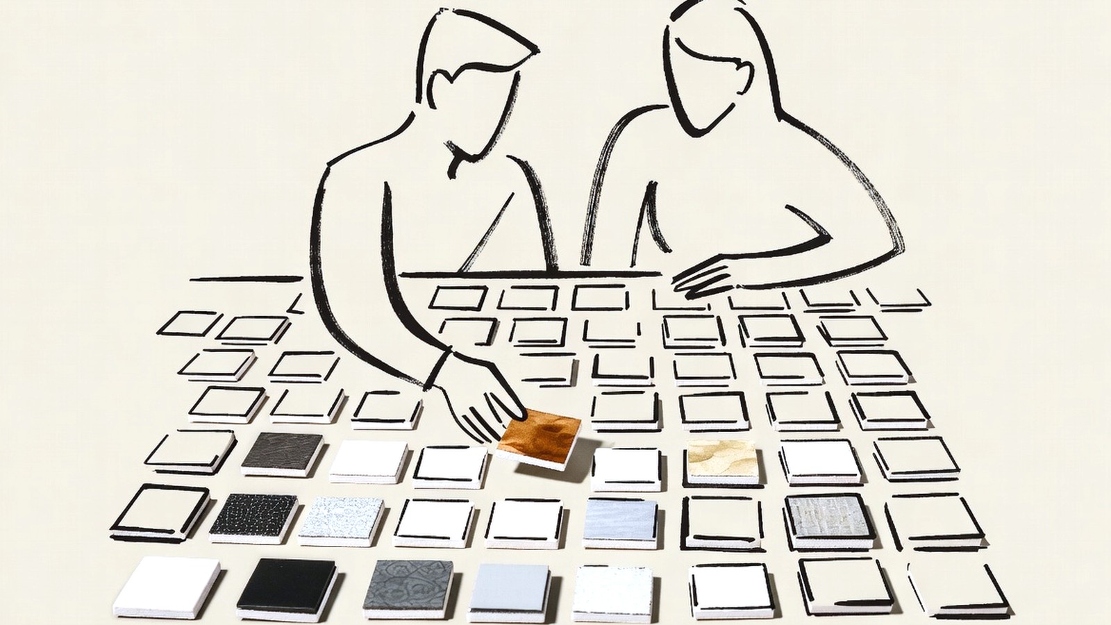 Desenho de linha fina: duas figuras inclinadas sobre amostras de acabamento em uma mesa, gesto de escolha, mancha de bronze na peça escolhida