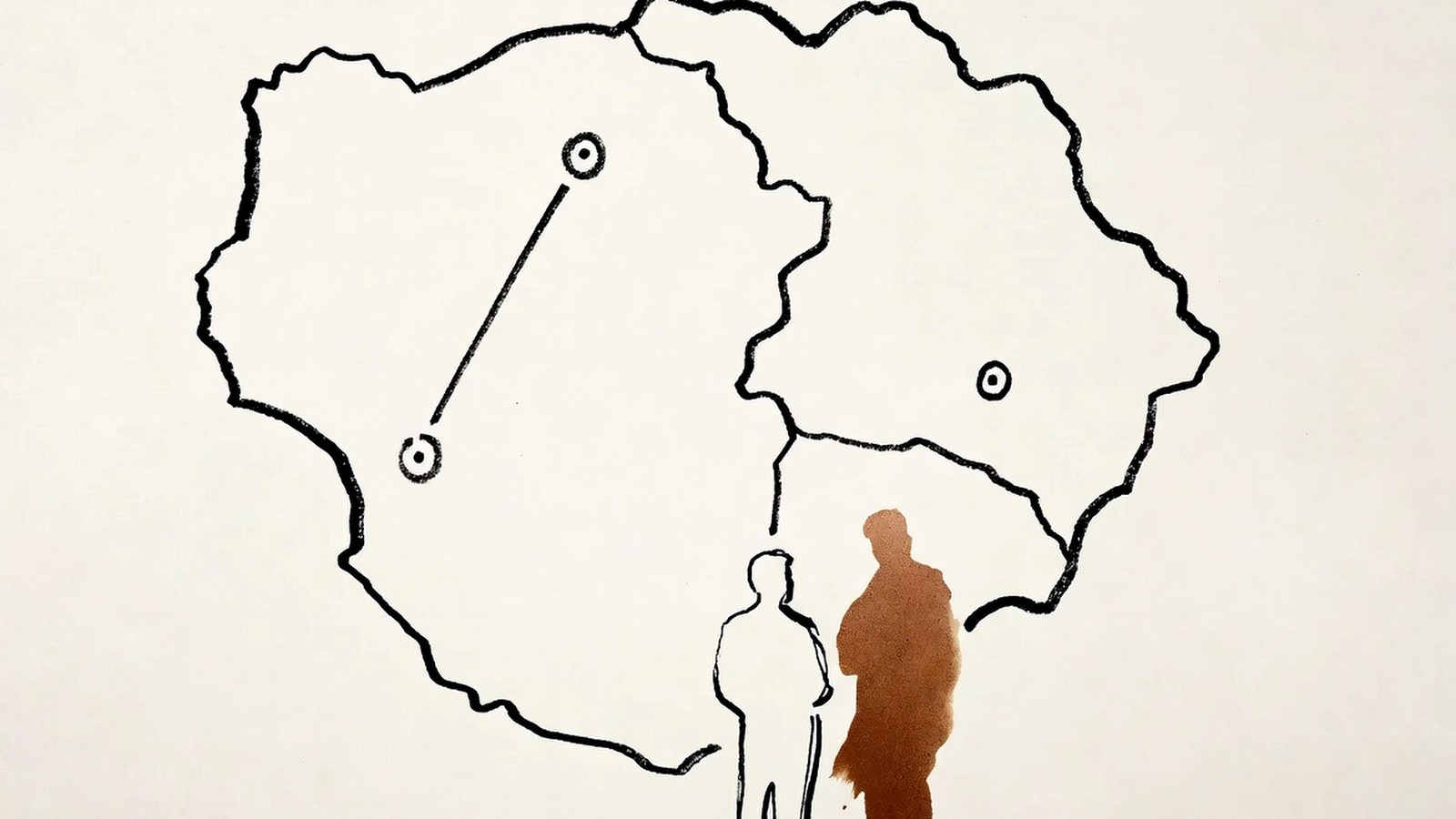 Desenho de linha fina: mapa de linhas soltas com três núcleos marcados, duas figuras em conversa em primeiro plano, mancha de bronze sobre um dos núcleos