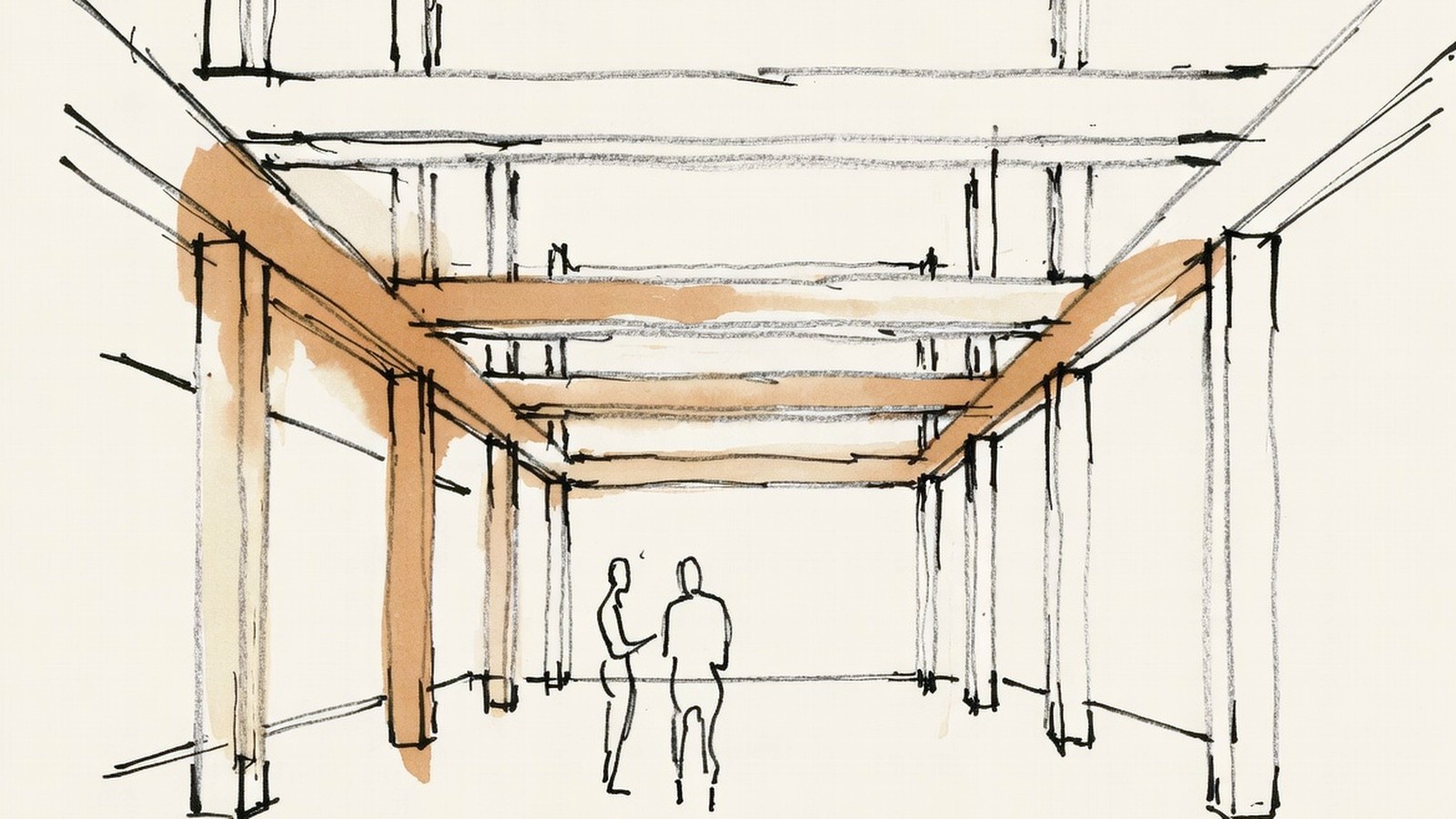 Desenho de linha fina: interior de pé-direito alto com estrutura de madeira aparente e pessoas em convívio, mancha de bronze na luz que atravessa as vigas
