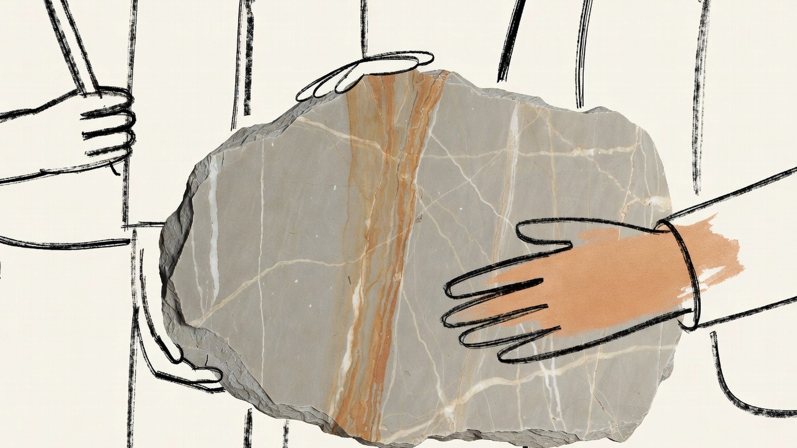 Desenho de linha fina: tampo de pedra maciça sendo apresentado a duas pessoas, gesto de mão sobre a superfície, mancha de bronze no veio
