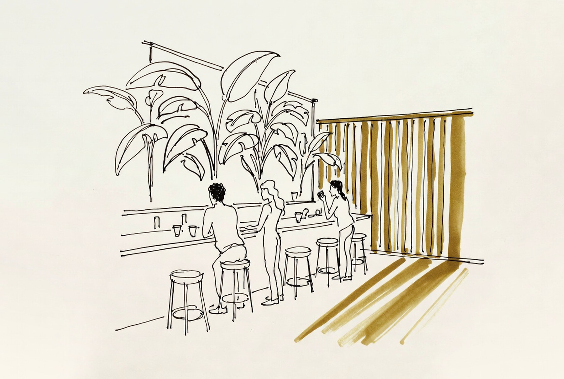 Desenho de linha: interior de showroom brasileiro com pedra, madeira, vegetação e três pessoas em conversa junto a um balcão.