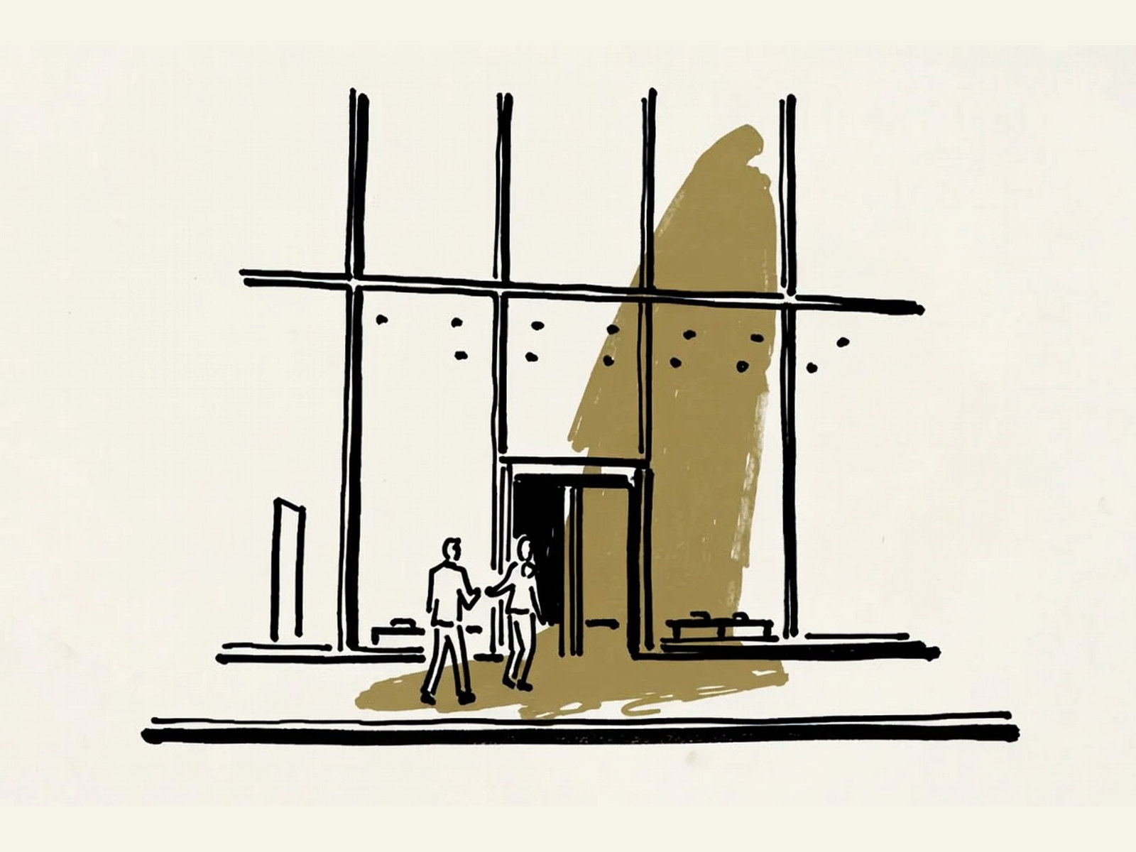 Desenho de linha: fachada envidraçada ao entardecer, com luz quente e pessoas entrando