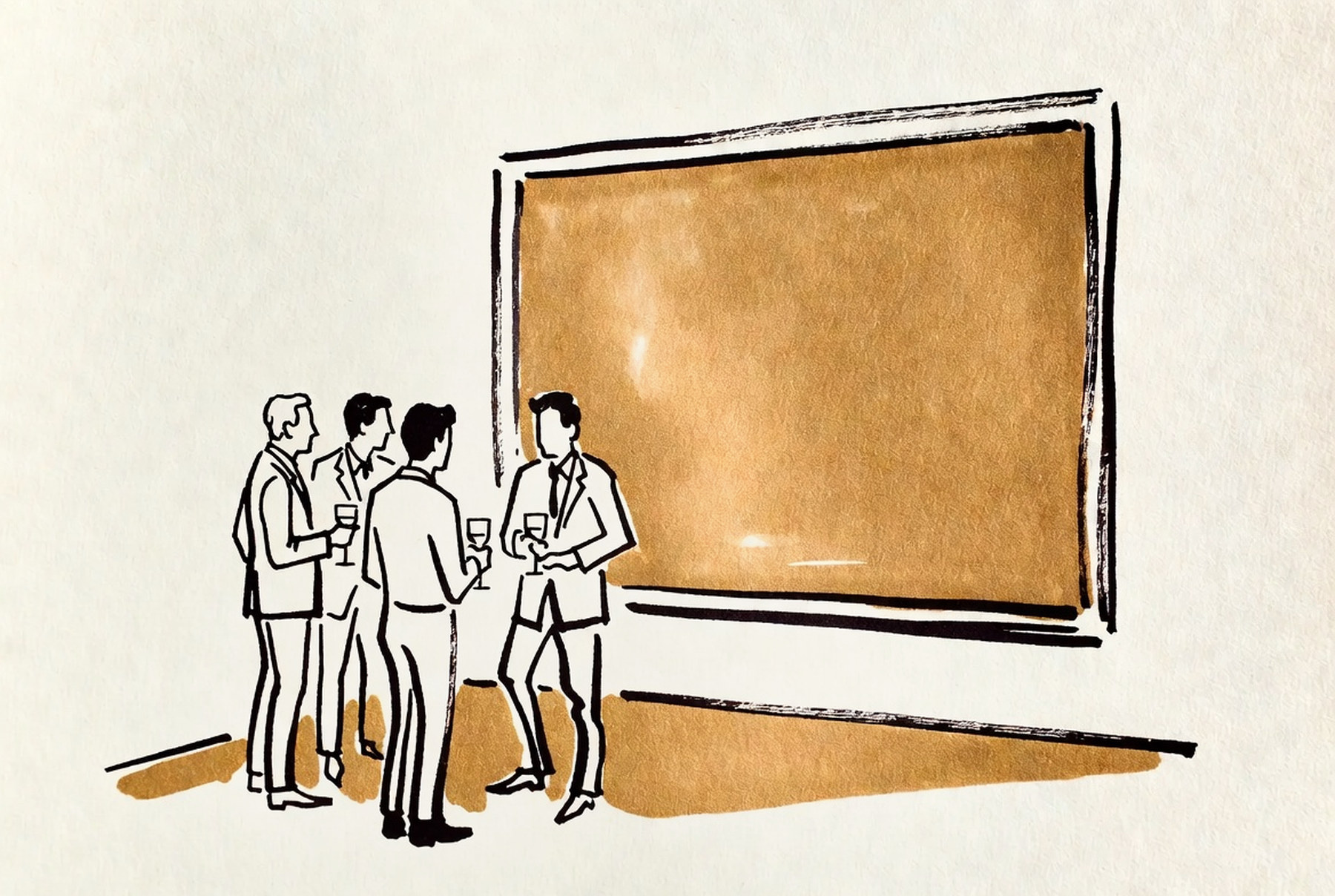 Desenho de linha: pequena vernissage dentro de espaço de marca: cinco pessoas conversam diante de tela abstrata em vermelhos e ocre.