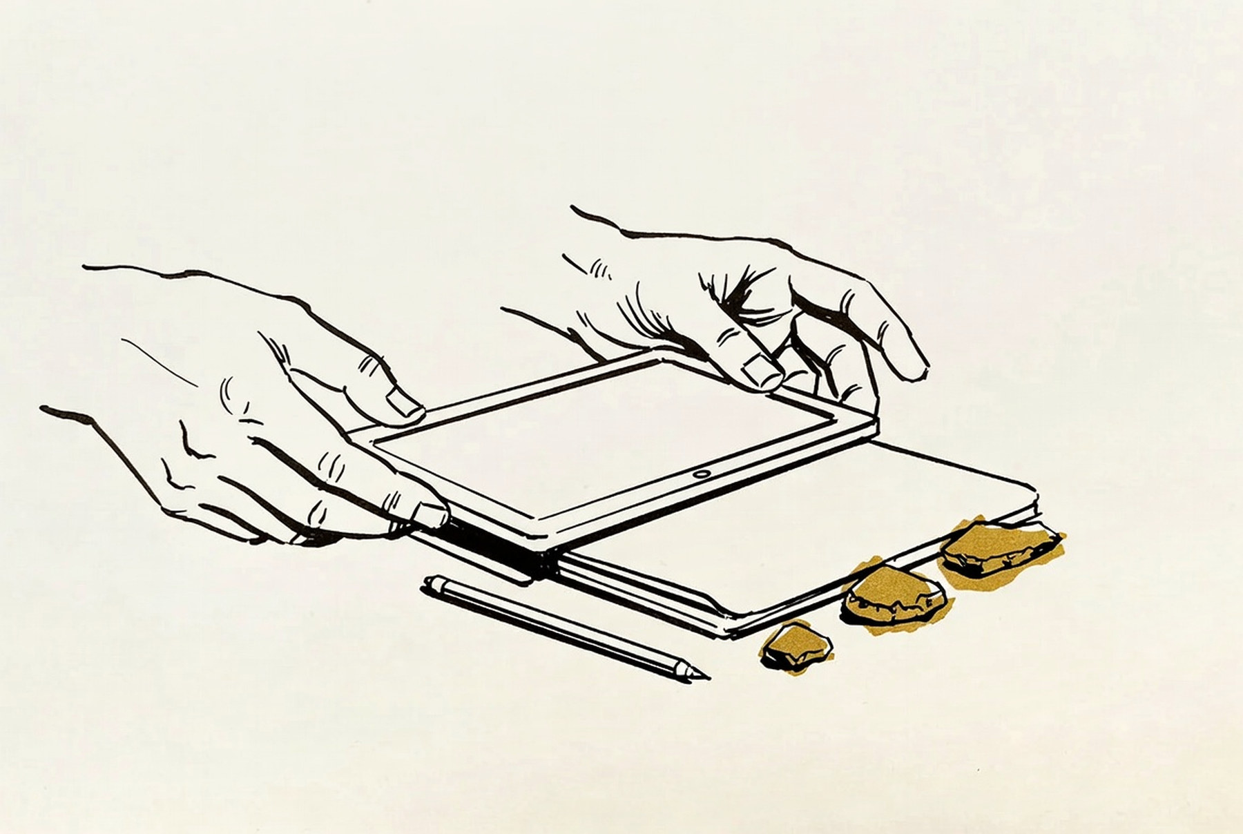 Desenho de linha: mãos de consultor seguram tablet inclinado sobre mesa de nogueira, ao lado de caderno de couro e amostras de pedra.