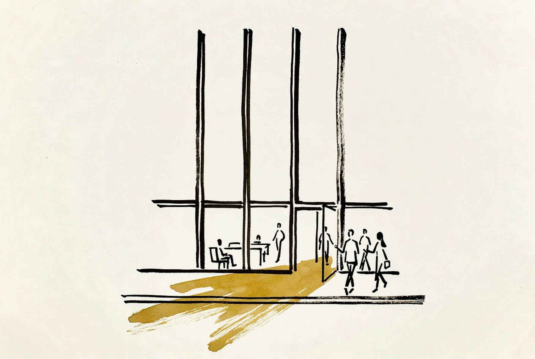 Desenho de linha: fachada envidraçada ao entardecer, luz quente saindo, três pessoas entrando.