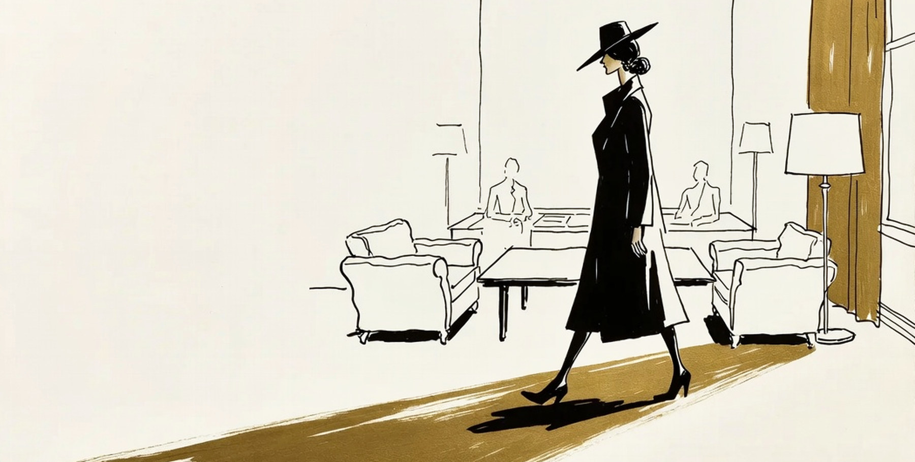 Desenho de linha: mulher de casaco camel atravessa um espaço de marca que mistura galeria, lounge e exposição de design.