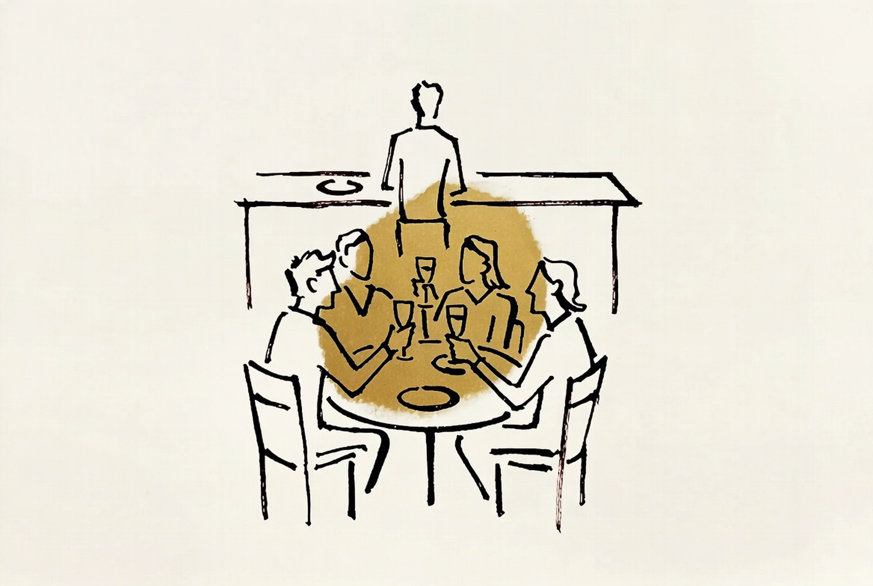 Desenho de linha: jantar íntimo para quatro pessoas em mesa de mármore dentro de showroom de cozinha, chef ao fundo.