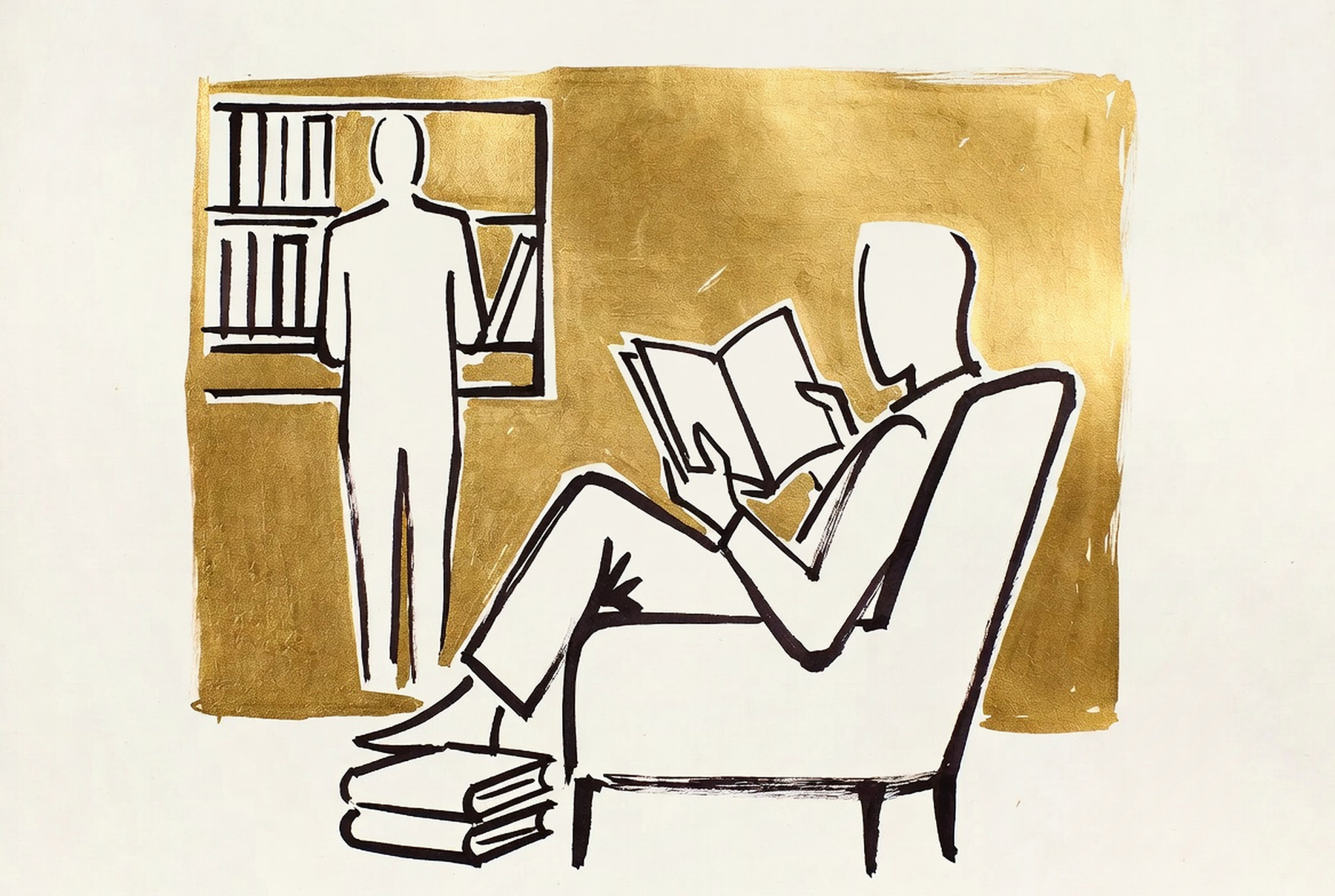 Desenho de linha: homem lendo em poltrona baixa no canto-biblioteca de um espaço de marca, livros de lombada voltada para dentro.