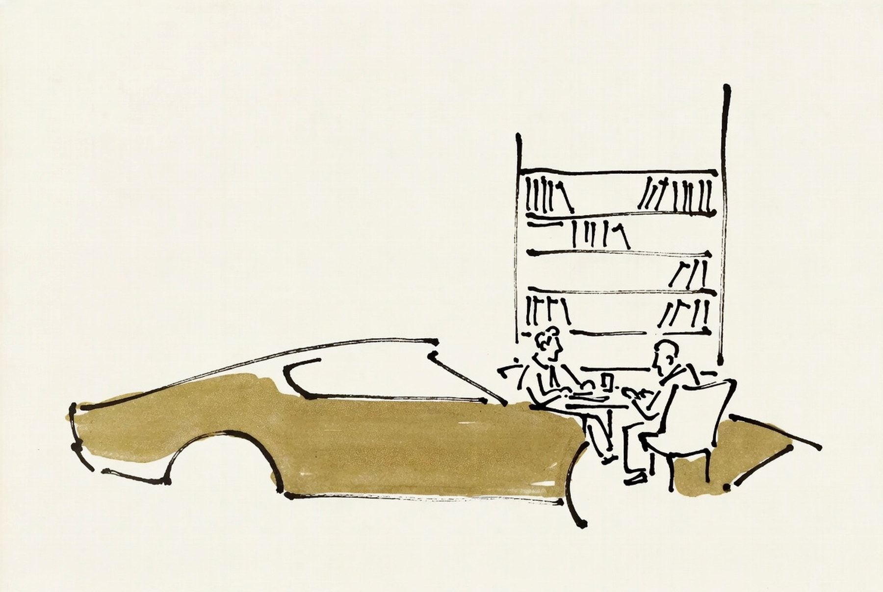 Desenho de linha: automóvel escultural na borda de um lounge urbano, com duas pessoas conversando diante de uma estante.