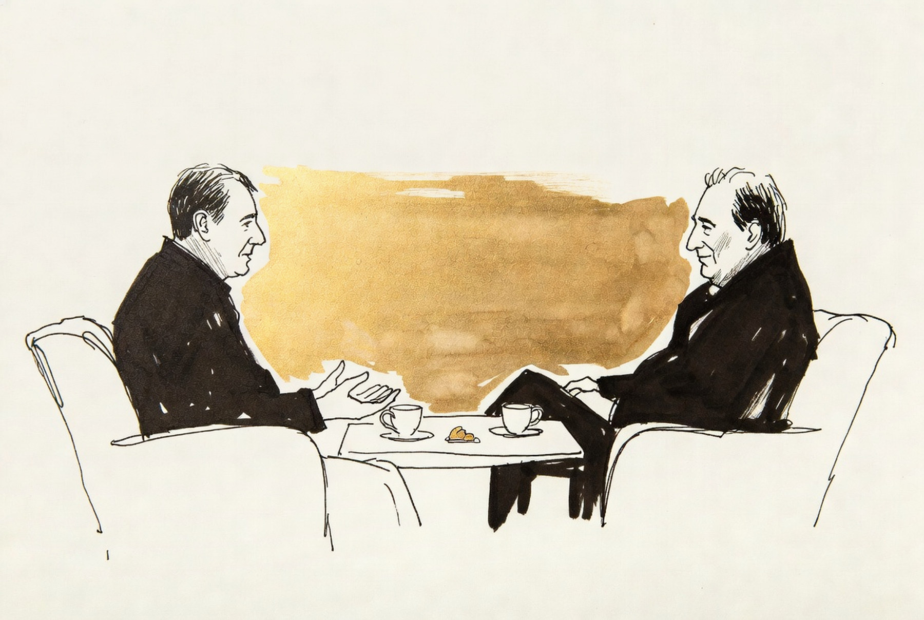 Desenho de linha: consultora e cliente conversam em poltronas baixas, com amostras e xícaras sobre mesa de travertino.