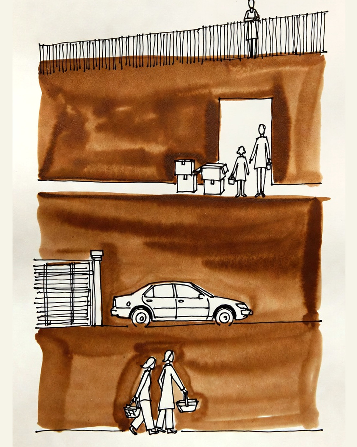 Desenho de linha: corte de um edifício em três faixas sobrepostas — a moradia, a garagem e a rua.