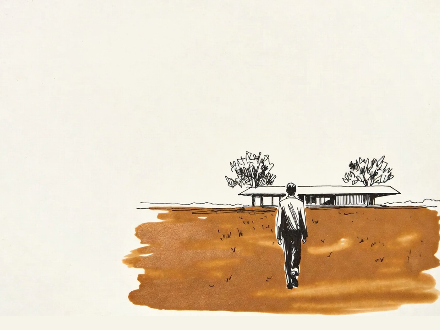 Desenho de linha: pessoa caminhando por um campo em direção a uma casa baixa de telhado plano.