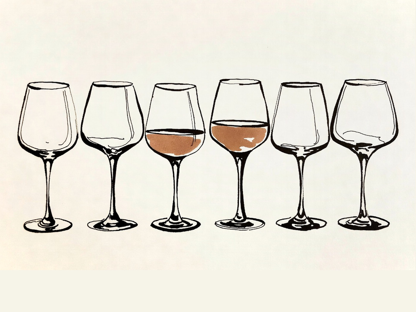 Desenho de linha: seis taças de vinho enfileiradas, duas delas servidas.
