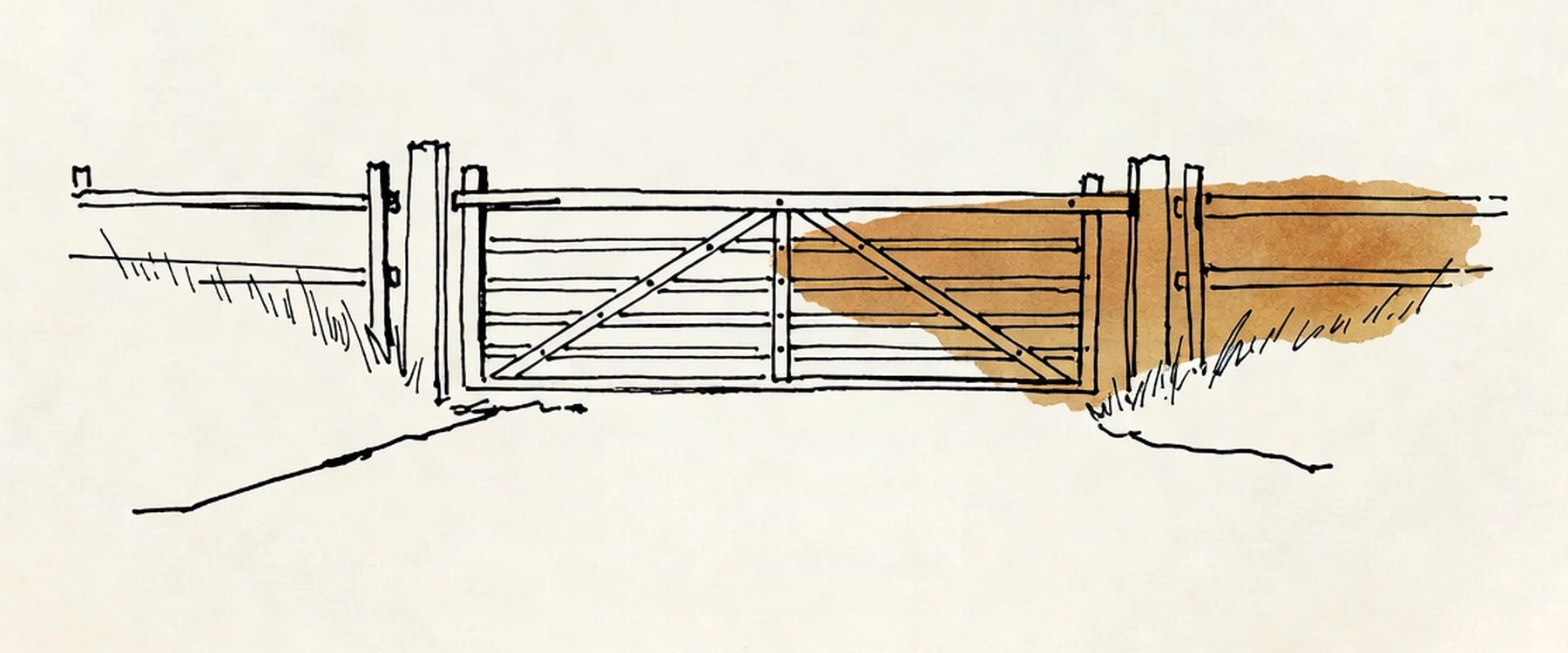 Desenho de linha: porteira de madeira fechada, na divisa de um campo.