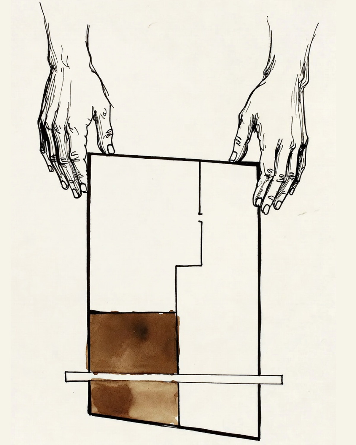 Desenho de linha: duas mãos segurando pelas bordas uma planta de arquitetura.