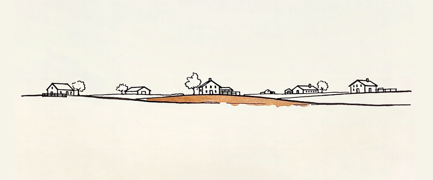 Desenho de linha: casas dispersas ao longo do horizonte, formando um povoado alongado.