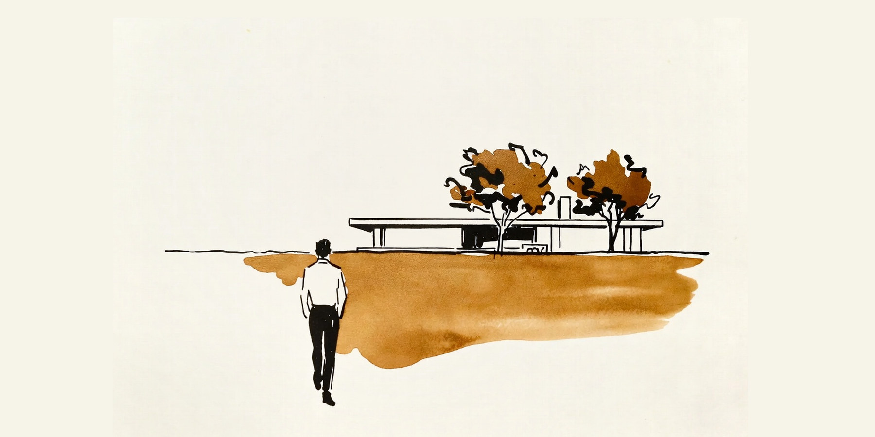 Desenho de linha: pessoa caminhando por um campo aberto em direção a uma casa baixa de telhado plano, entre duas árvores.