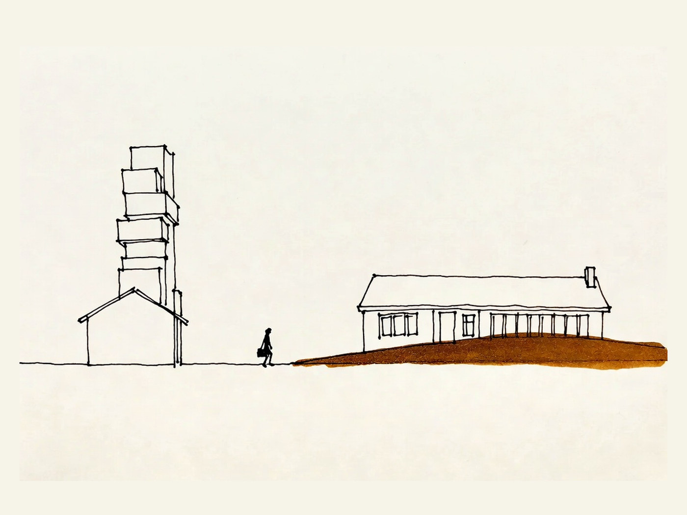 Desenho de linha: à esquerda, uma torre de apartamentos empilhados; à direita, uma casa longa e baixa; uma pessoa caminha entre as duas.