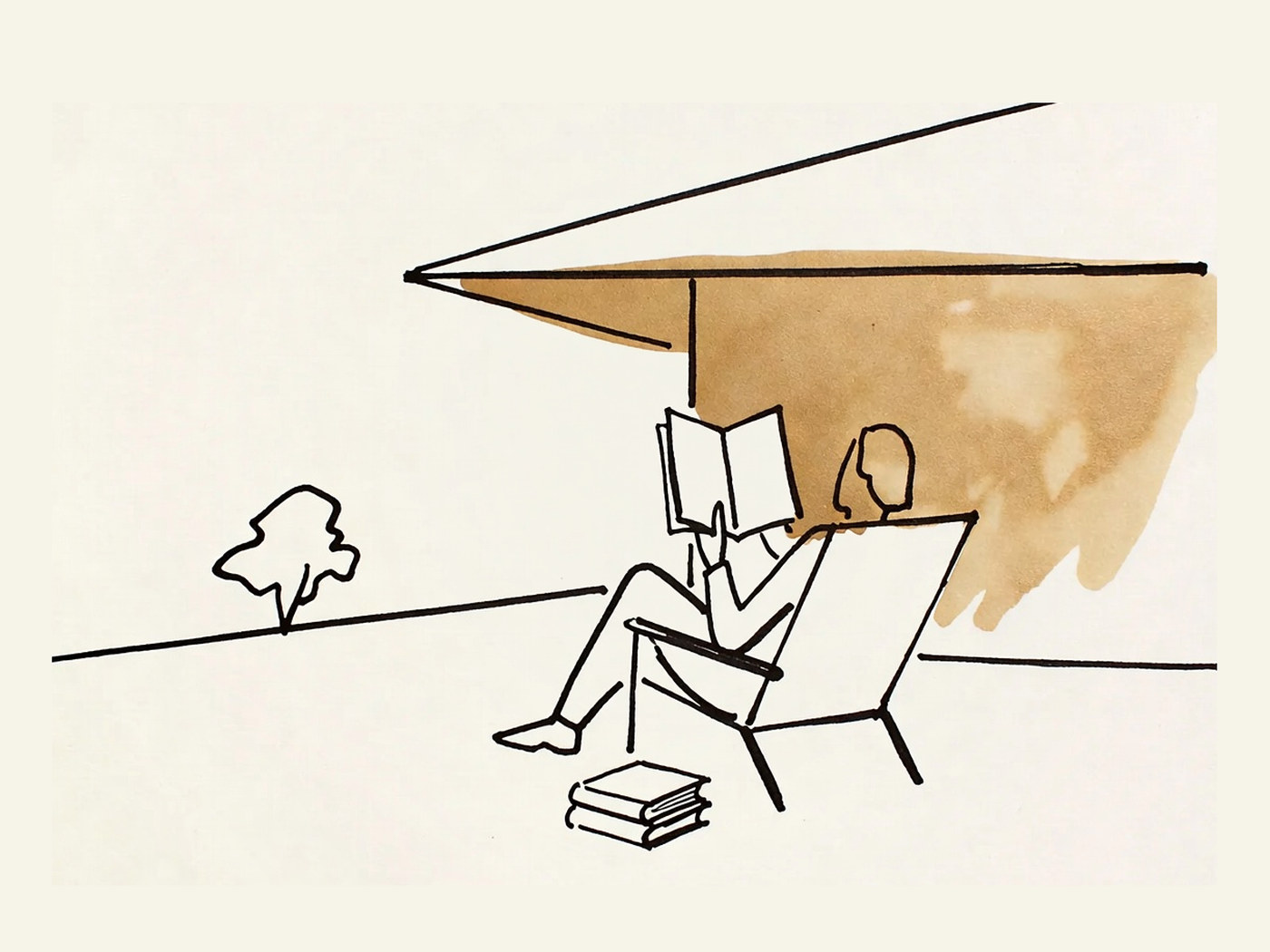 Desenho de linha: pessoa lendo em uma espreguiçadeira sob um beiral inclinado, com livros ao lado.