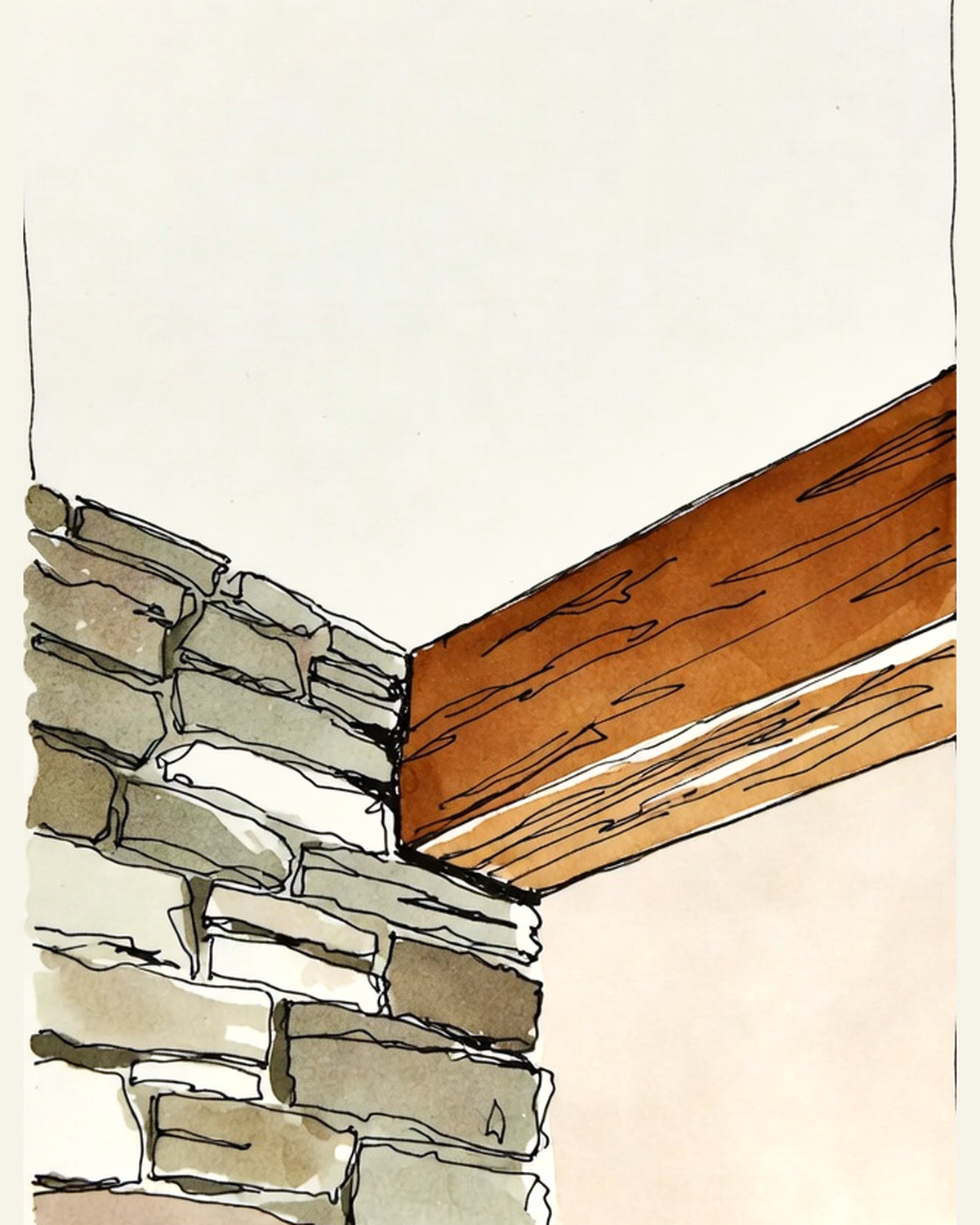 Desenho de linha: encontro entre uma parede de pedra empilhada e uma viga de madeira.
