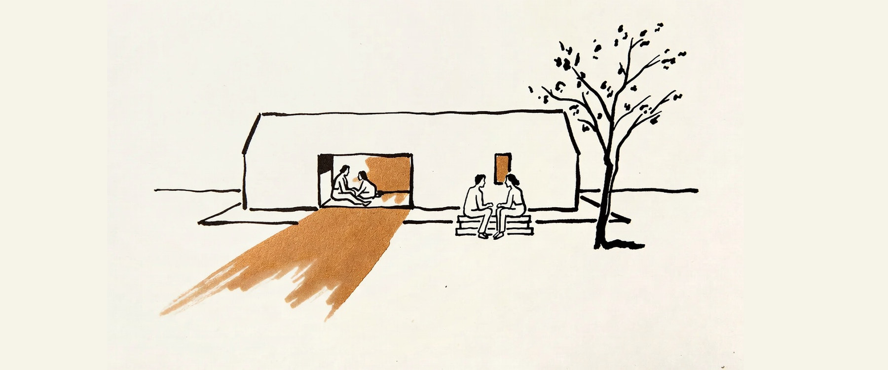 Desenho de linha: galpão baixo e comprido com uma árvore ao lado e pessoas sentadas na frente.