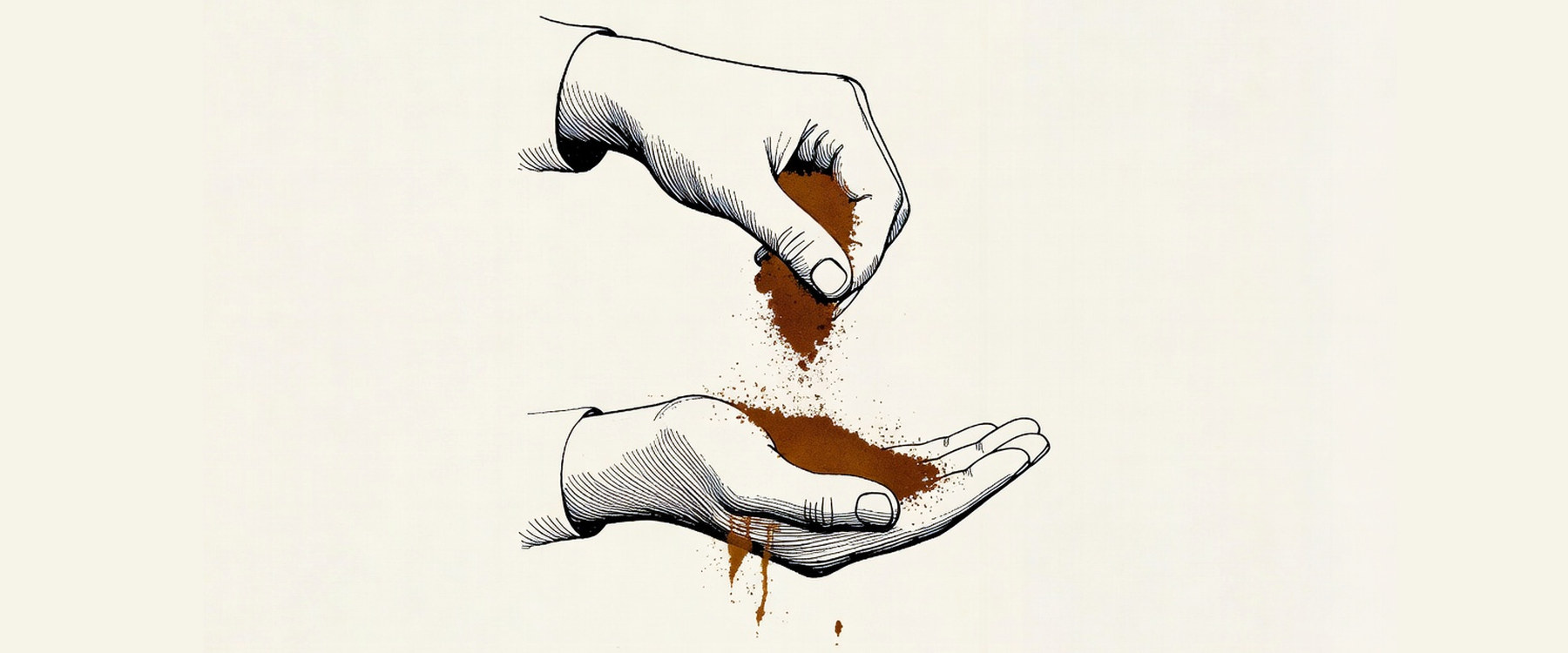 Desenho de linha: uma mão despeja terra sobre a palma aberta de outra.