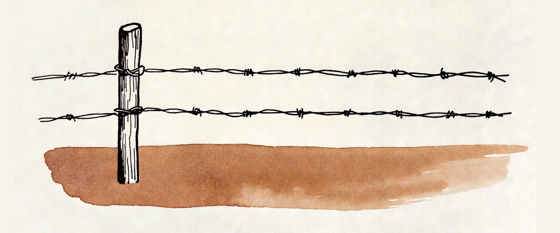 Desenho de linha: cerca de arame farpado de três fios sobre um campo vazio.
