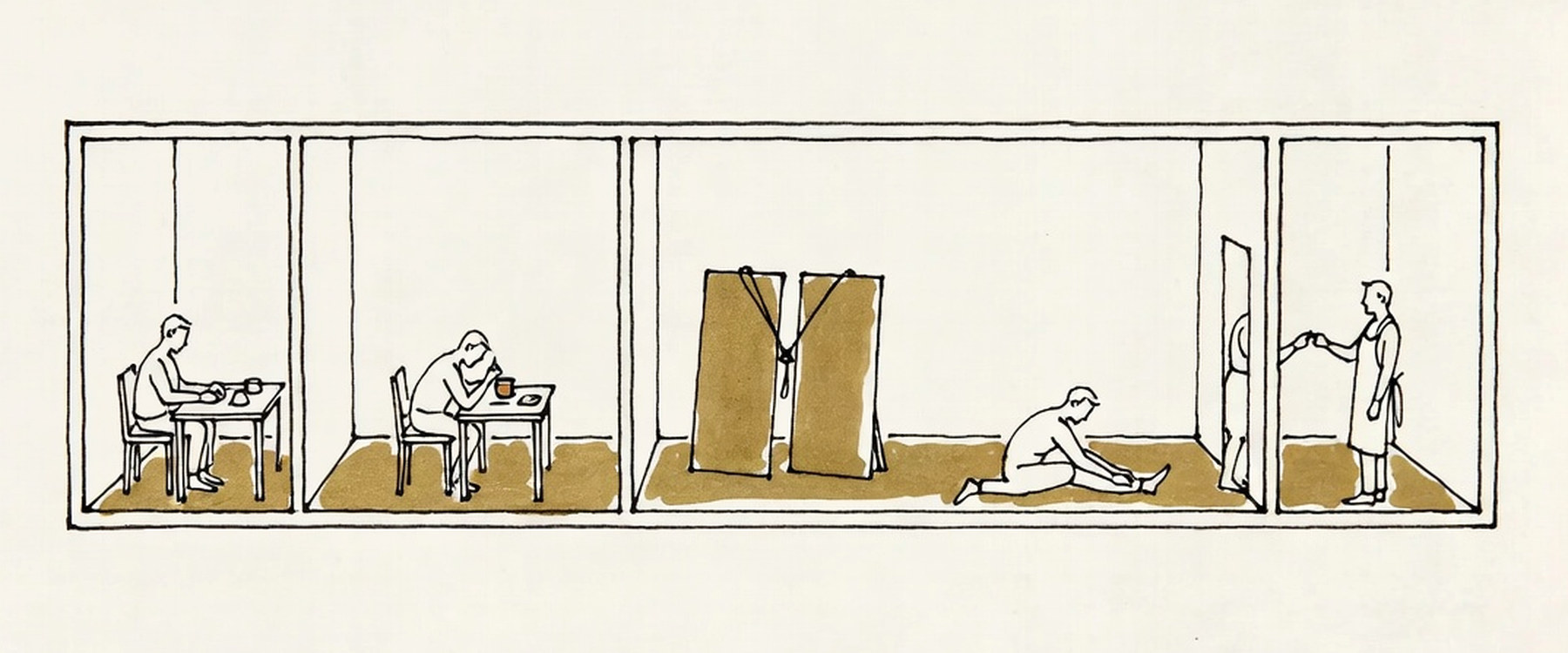 Desenho de linha: corte longitudinal de uma casa comprida, a mesma figura fazendo algo diferente em cada ambiente, e dois painéis ainda amarrados encostados na parede.