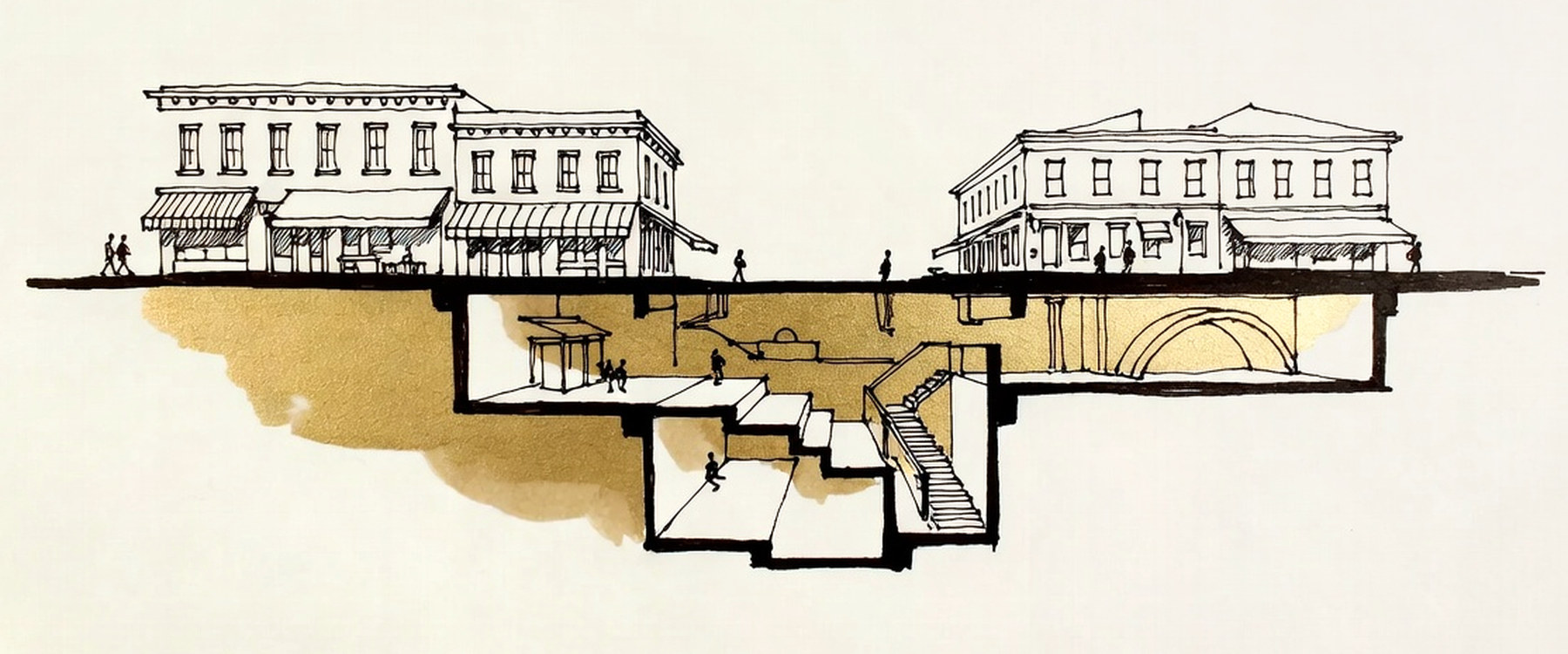 Desenho de linha: corte de rua, com as fachadas e o movimento em cima e, sob a linha do chão, as galerias que sustentam tudo.