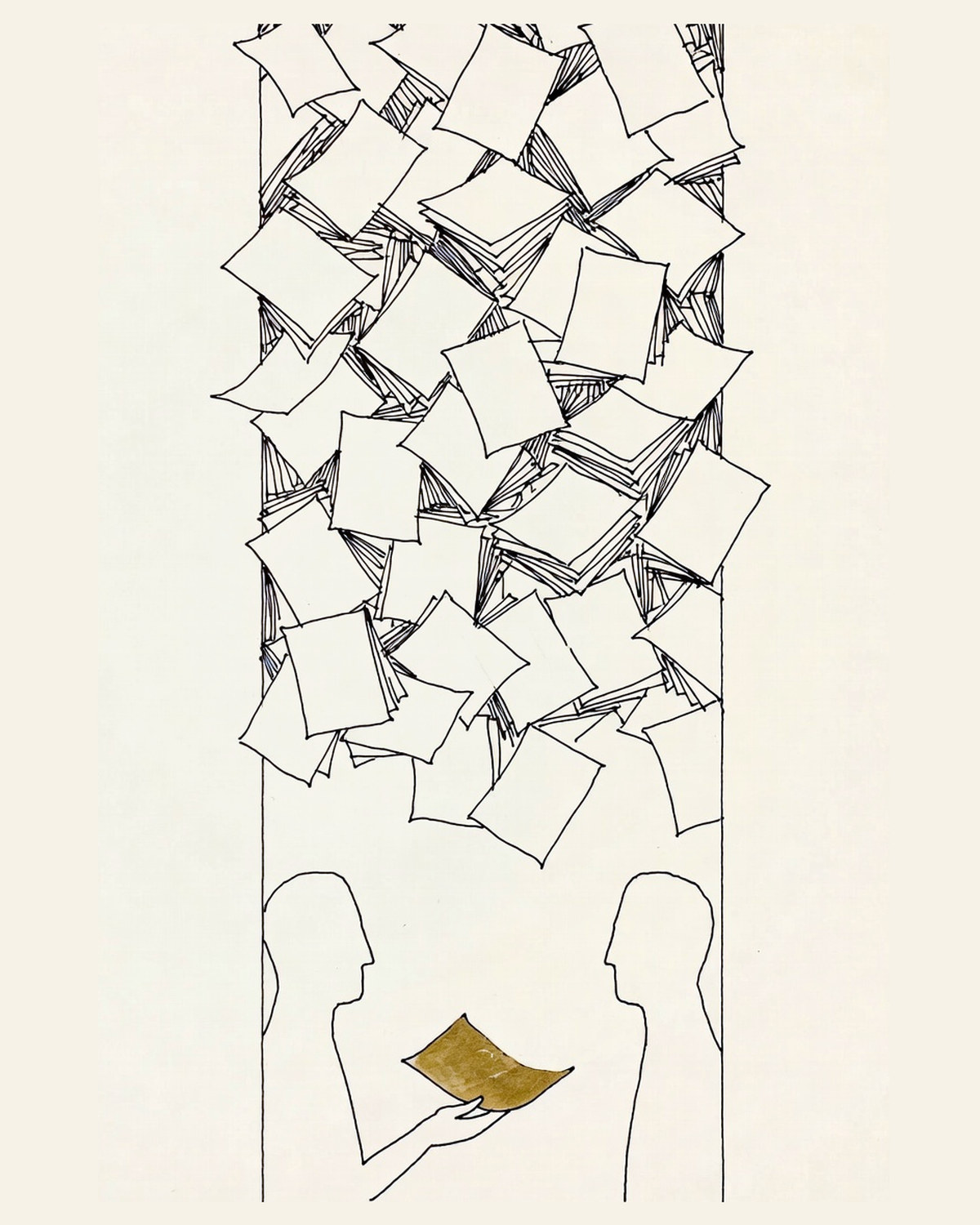 Desenho de linha: um leque de folhas soltas caindo e, embaixo, duas figuras de perfil enquanto uma entrega à outra uma única folha.