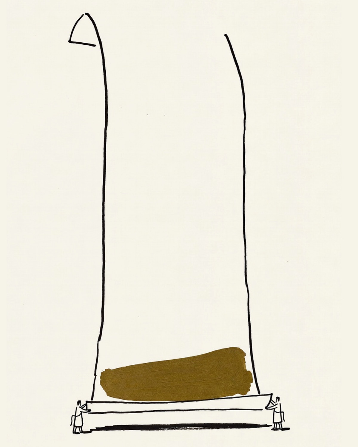 Desenho de linha: um volume enorme resolvido em poucas linhas, com duas figuras minúsculas na base segurando uma folha que cobre só parte dele.