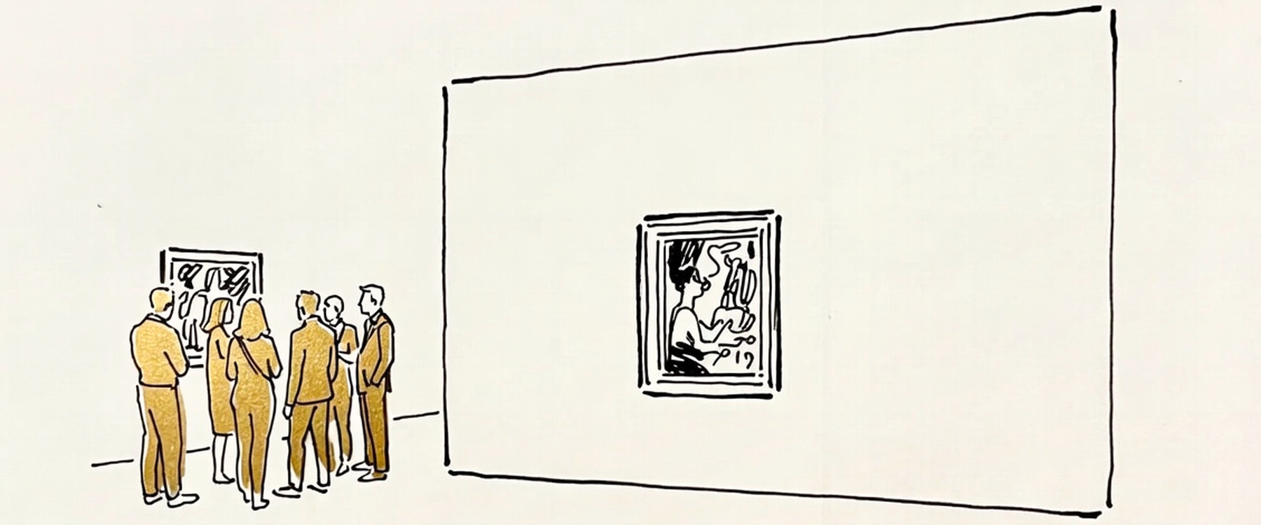 Desenho de linha: parede de galeria comprida com um único quadro pendurado e, fora dela, um grupo de figuras conversando de pé.
